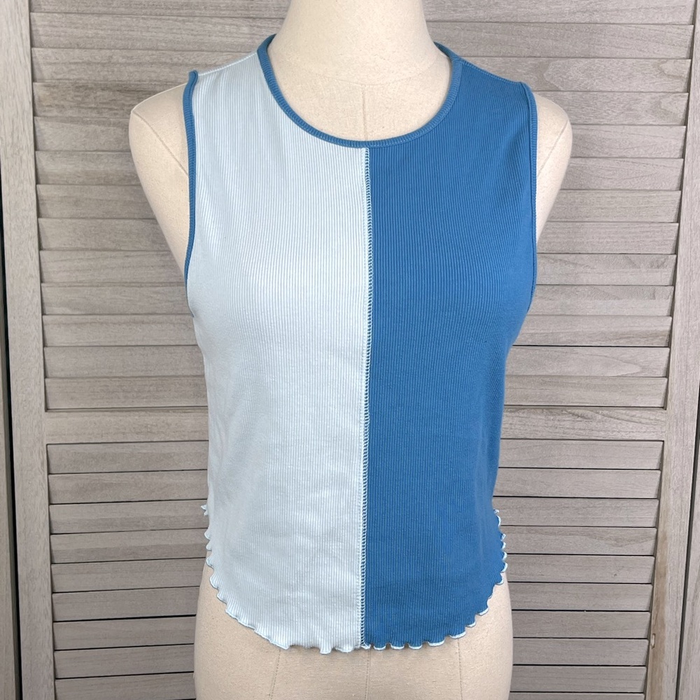 FOREVER 21 Tank Top Ribbed with Lettuce Hem Light Blue/Blue-Large